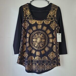 Lucky Brand Black Foil Medallion Tee Boho Chic